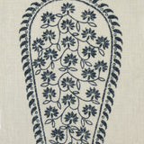 Detail of fabric in an intricate paisley print in indigo on a cream field.