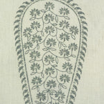 Detail of fabric in an intricate paisley print in sage on a cream field.