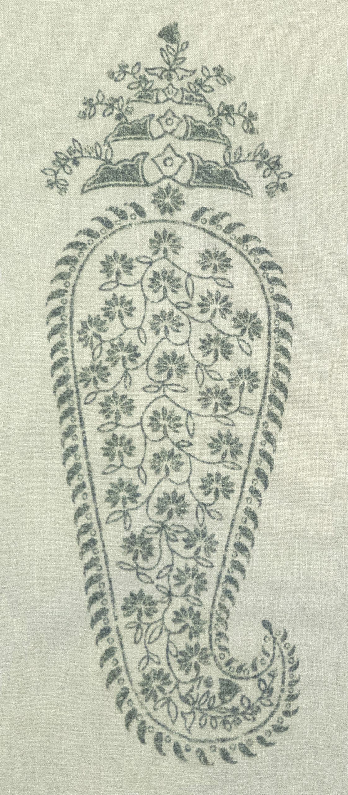 Detail of fabric in an intricate paisley print in sage on a cream field.