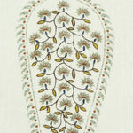 Detail of fabric in an intricate paisley print in shades of yellow, red and green on a cream field.