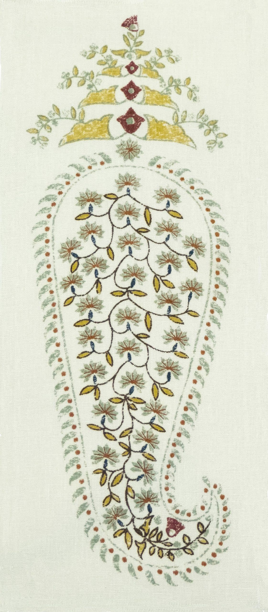 Detail of fabric in an intricate paisley print in shades of yellow, red and green on a cream field.