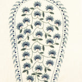 Detail of fabric in an intricate paisley print in shades of blue, gray and orange on a cream field.