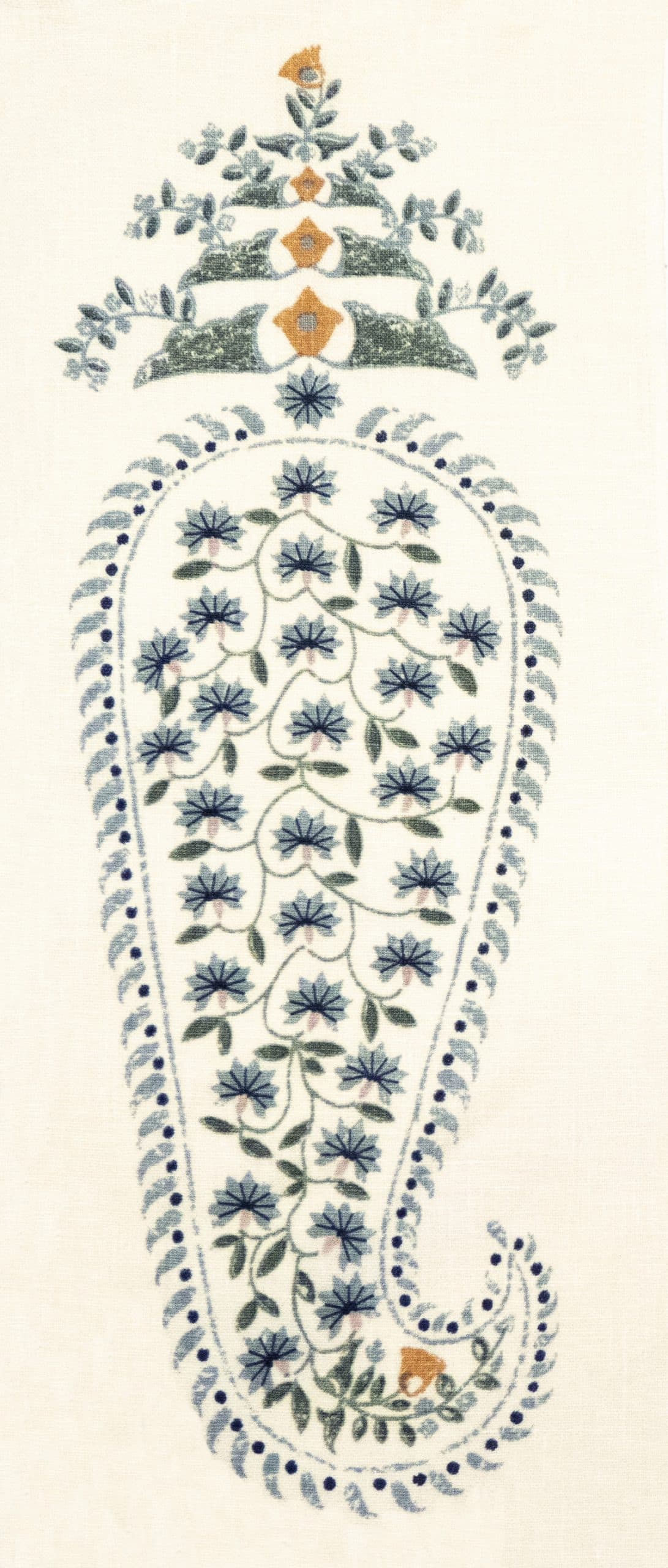 Detail of fabric in an intricate paisley print in shades of blue, gray and orange on a cream field.