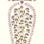 Detail of fabric in an intricate paisley print in shades of purple, green and pink on a cream field.