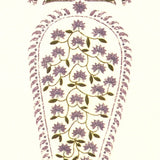 Detail of fabric in an intricate paisley print in shades of purple, green and pink on a cream field.