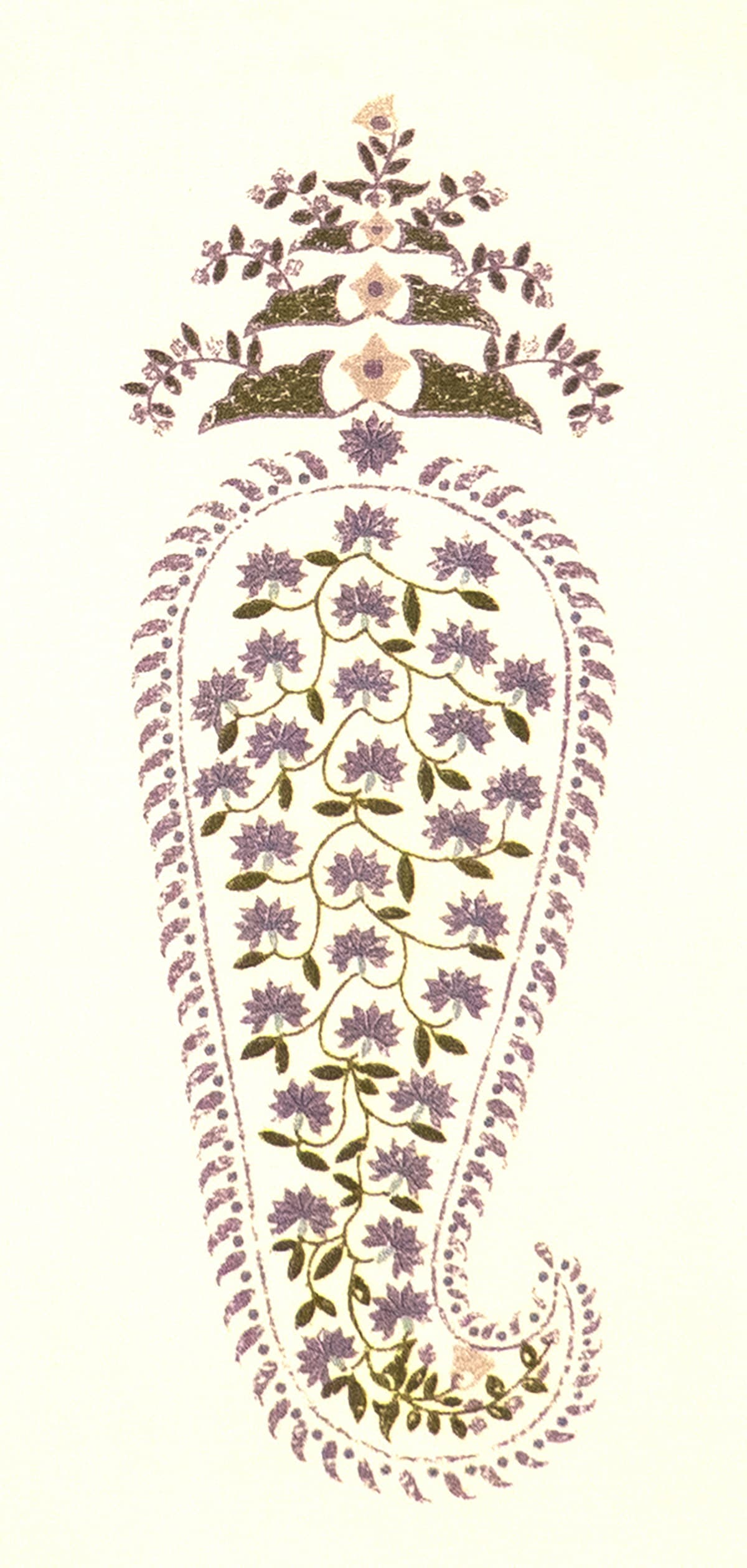 Detail of fabric in an intricate paisley print in shades of purple, green and pink on a cream field.