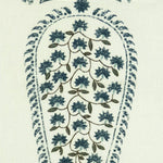 Detail of fabric in an intricate paisley print in shades of blue and green on a cream field.