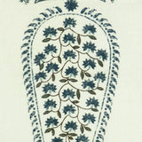 Detail of fabric in an intricate paisley print in shades of blue and green on a cream field.