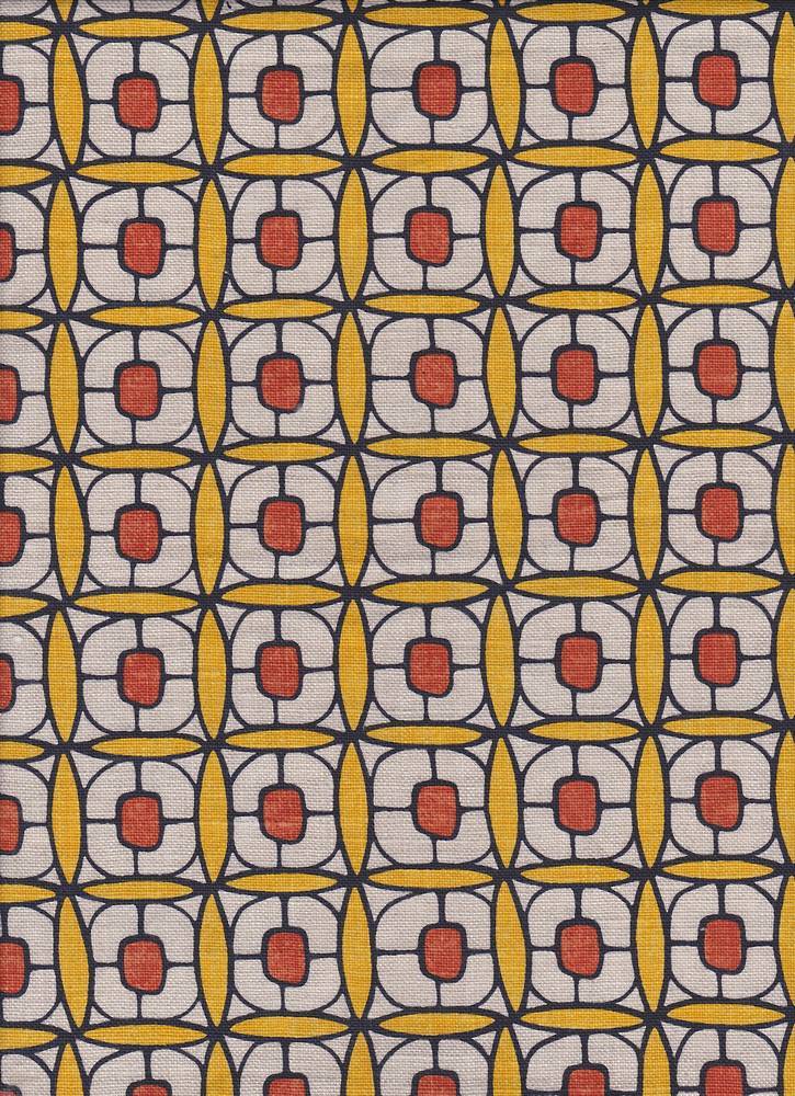 Detail of fabric in a geometric lattice print in red, yellow and brown.