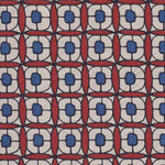 Detail of fabric in a geometric lattice print in red, navy, brown and black.
