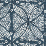 Detail of fabric in a botanical geometric print in shades of blue and white with a navy dot overlay.