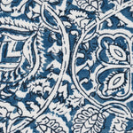Detail of fabric in a painterly floral paisley in shades of blue and navy on a white field.