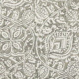 Detail of fabric in a painterly floral paisley in shades of light gray.