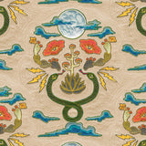 Detail of fabric in a playful snake, plant and moon print in jewel tones on a tan field. 