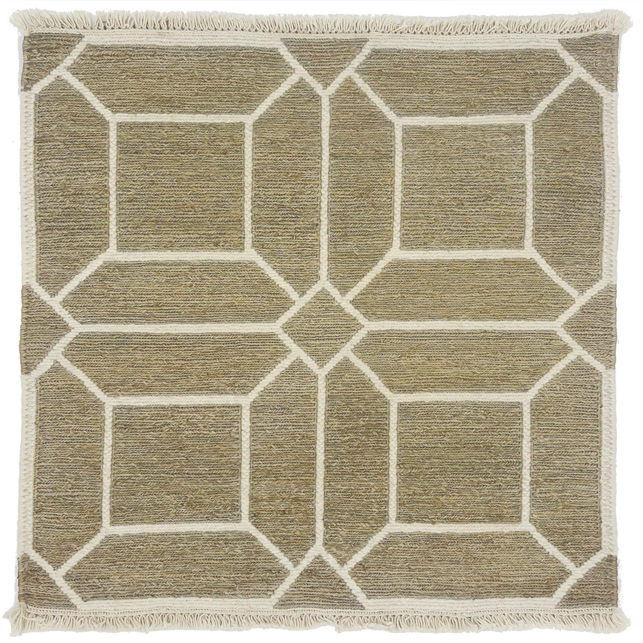 Woven rug swatch with a ivory lattice pattern on a taupe field with ivory fringe edges at top and bottom