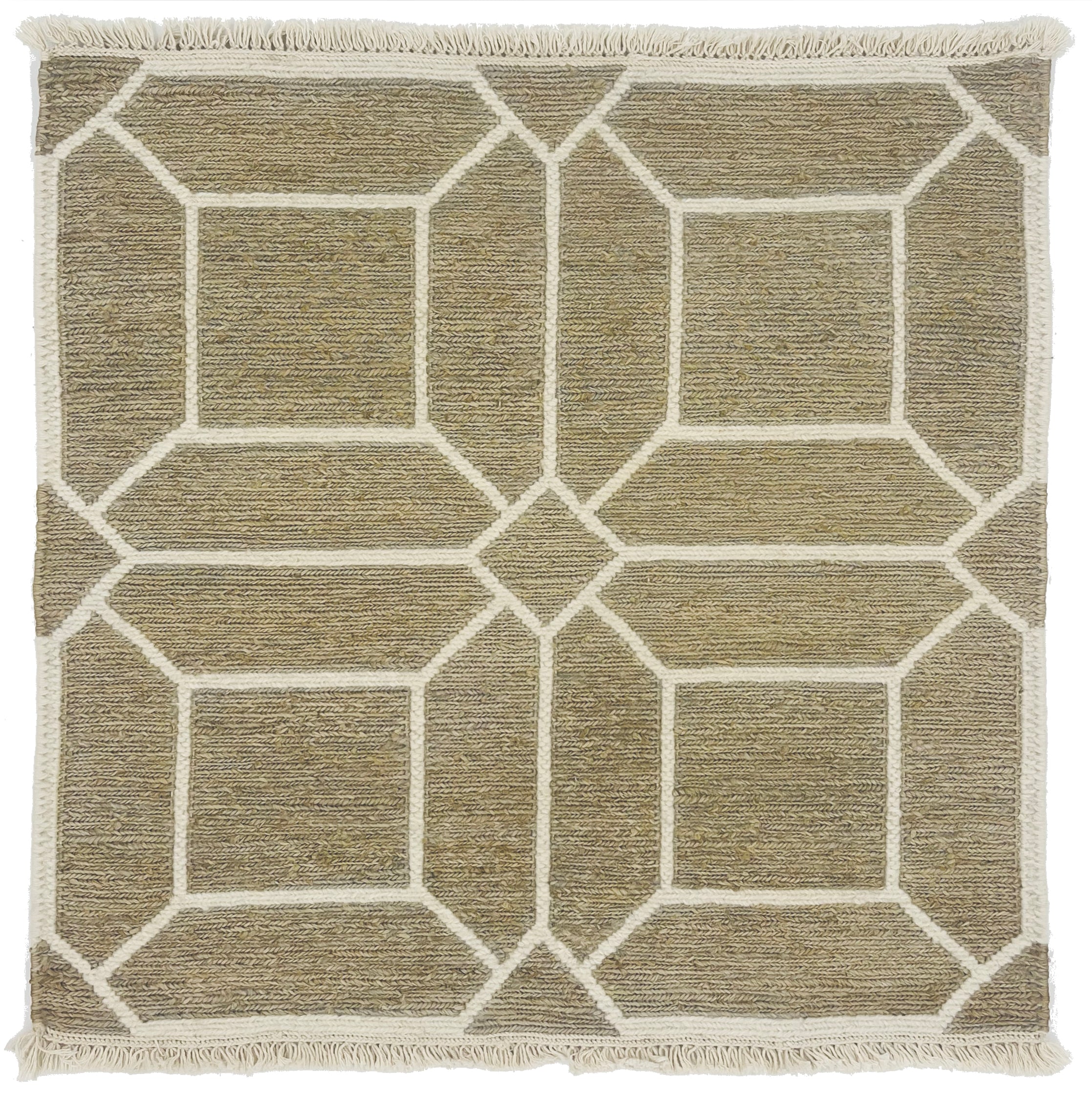Woven rug swatch with a ivory lattice pattern on a taupe field with ivory fringe edges at top and bottom