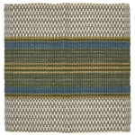 Woven rug with horizontal stripes in blue, green, and gray on a white background