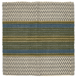 Woven rug with horizontal stripes in blue, green, and gray on a white background