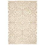 Handwoven rug sample in an ornate damask medallion design in cream on a beige field with fringe at top and bottom.