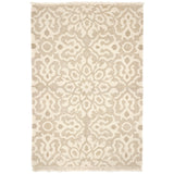 Handwoven rug sample in an ornate damask medallion design in cream on a beige field with fringe at top and bottom.