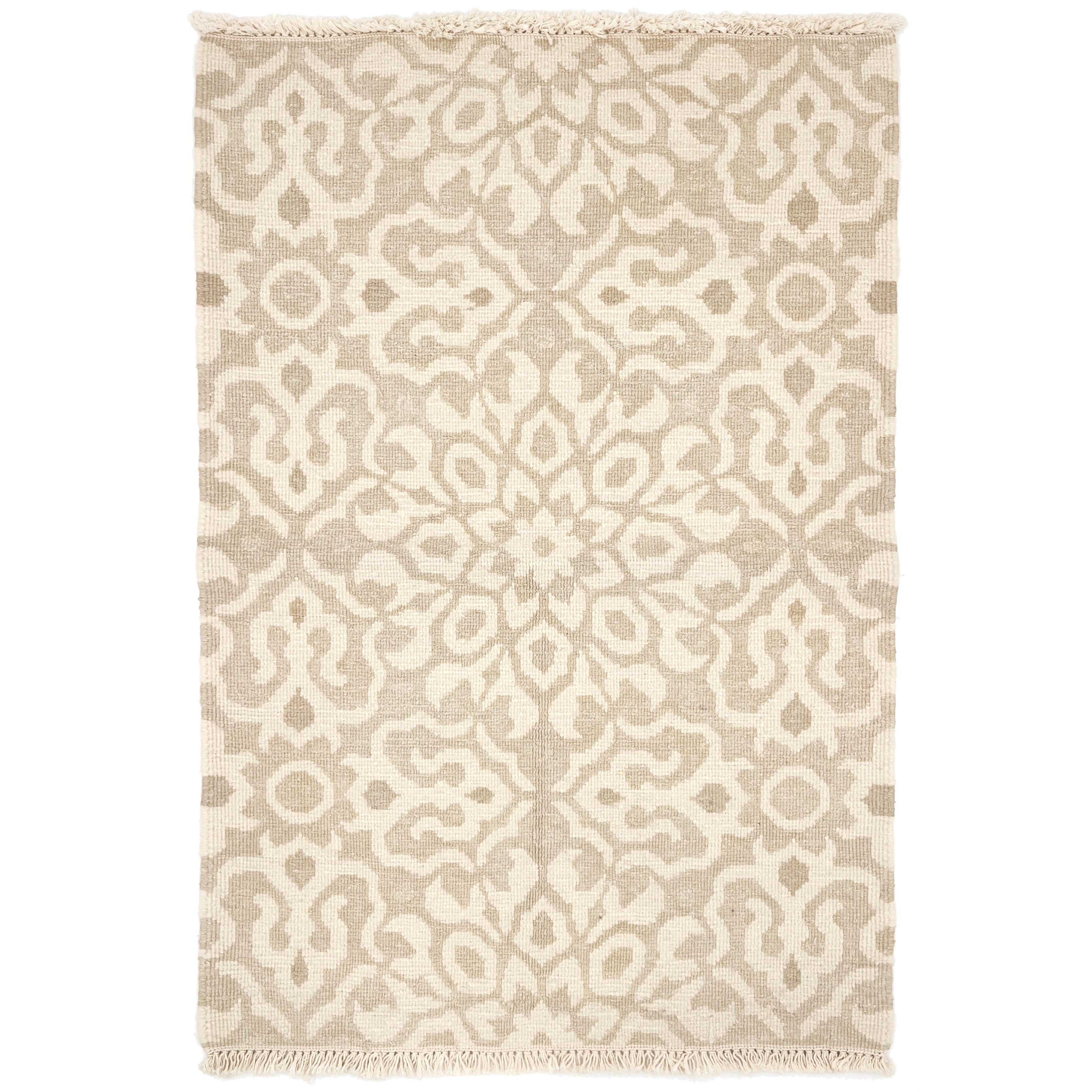 Handwoven rug sample in an ornate damask medallion design in cream on a beige field with fringe at top and bottom.