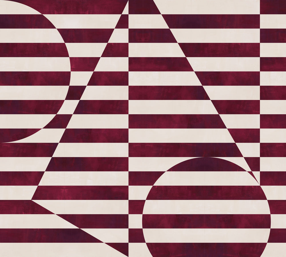 Trompe l'oeil stripe pattern with geometric shapes in cream and burgundy. 