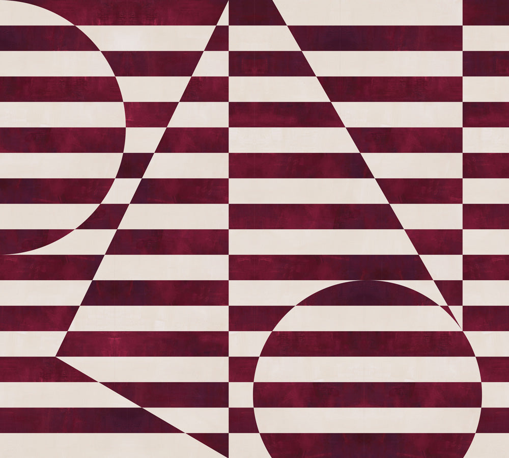 Trompe l'oeil stripe pattern with geometric shapes in cream and burgundy. 