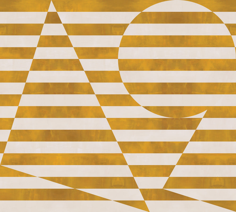 Trompe l'oeil stripe pattern with geometric shapes in cream and ochre.