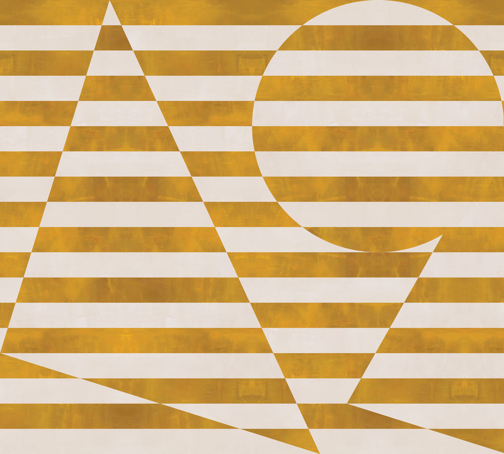 Trompe l'oeil stripe pattern with geometric shapes in cream and ochre.