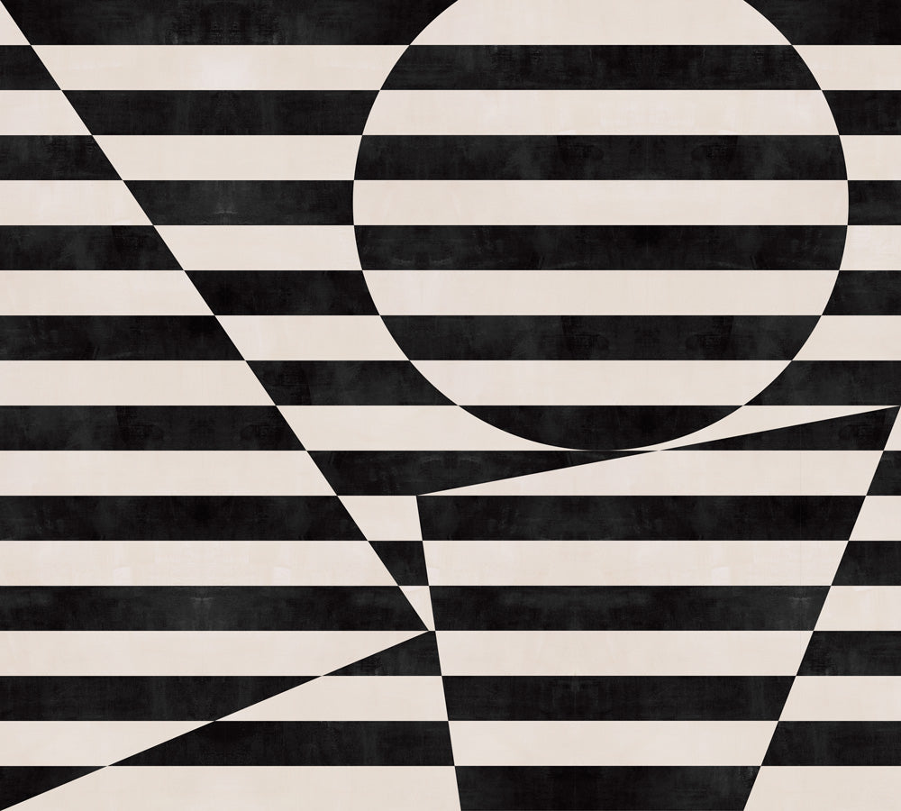 Trompe l'oeil stripe pattern with geometric shapes in cream and black.