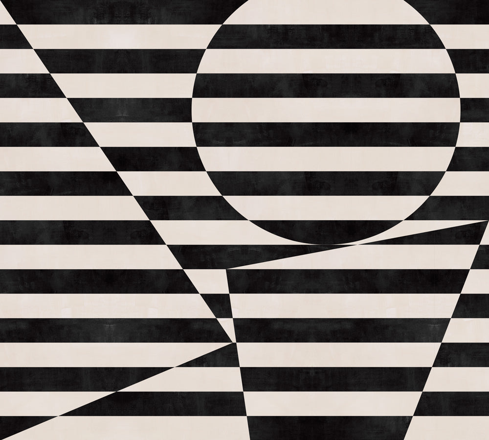 Trompe l'oeil stripe pattern with geometric shapes in cream and black.