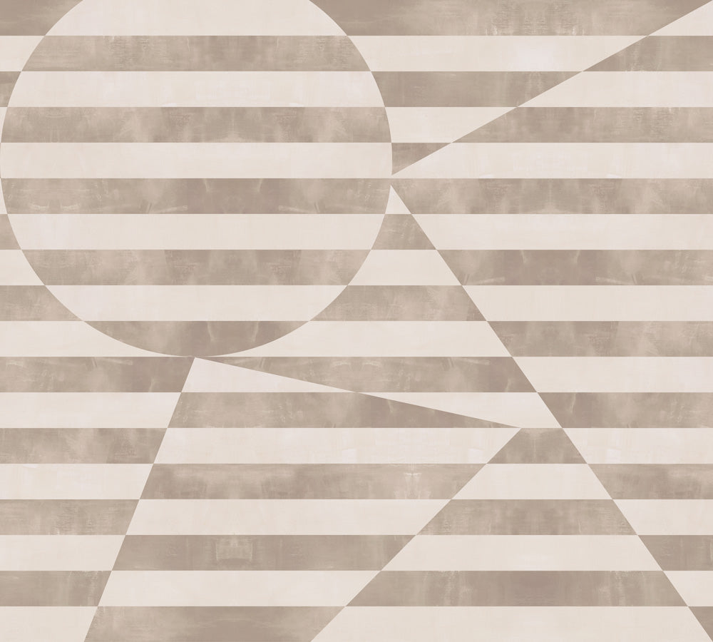 Trompe l'oeil stripe pattern with geometric shapes in cream and taupe.