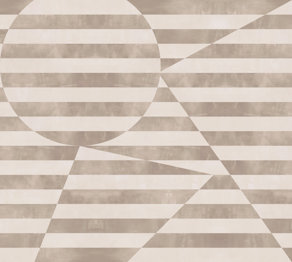Trompe l'oeil stripe pattern with geometric shapes in cream and taupe.