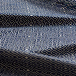 Close-up of blue and white patterned fabric lightly folded