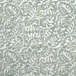 Fabric in a botanical paisley print in white on a blue-green field.
