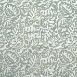 Fabric in a botanical paisley print in white on a blue-green field.
