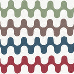 Detail of wallpaper in a playful curving stripe print in shades of red, brown and blue on a white field.
