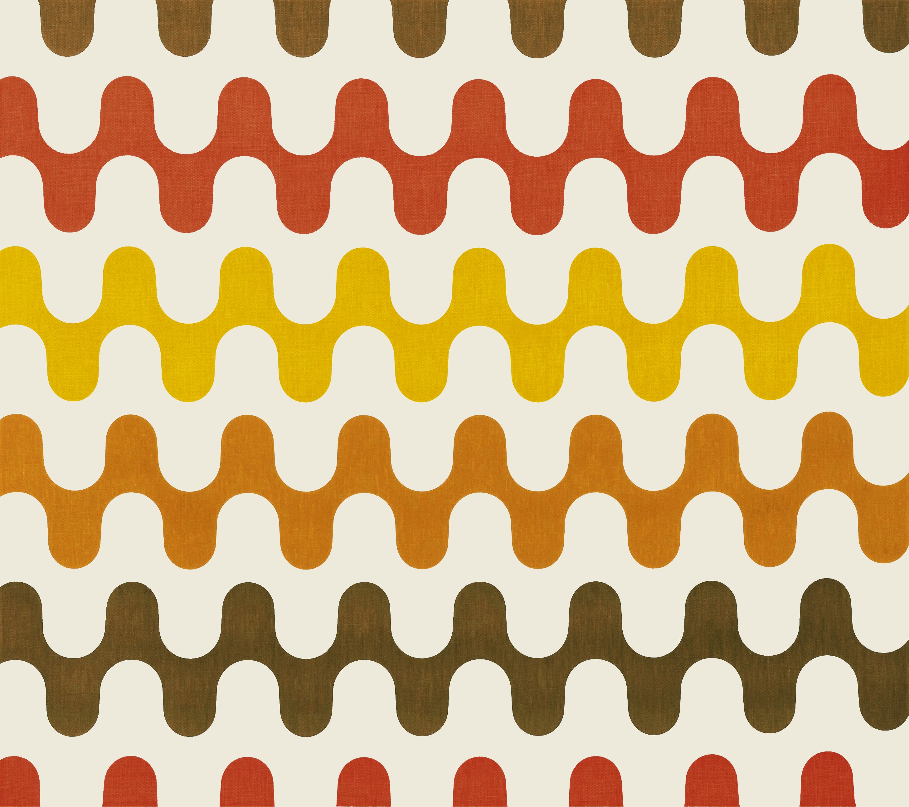 Detail of fabric in a playful curving stripe print in shades of red, yellow and orange on a white field.