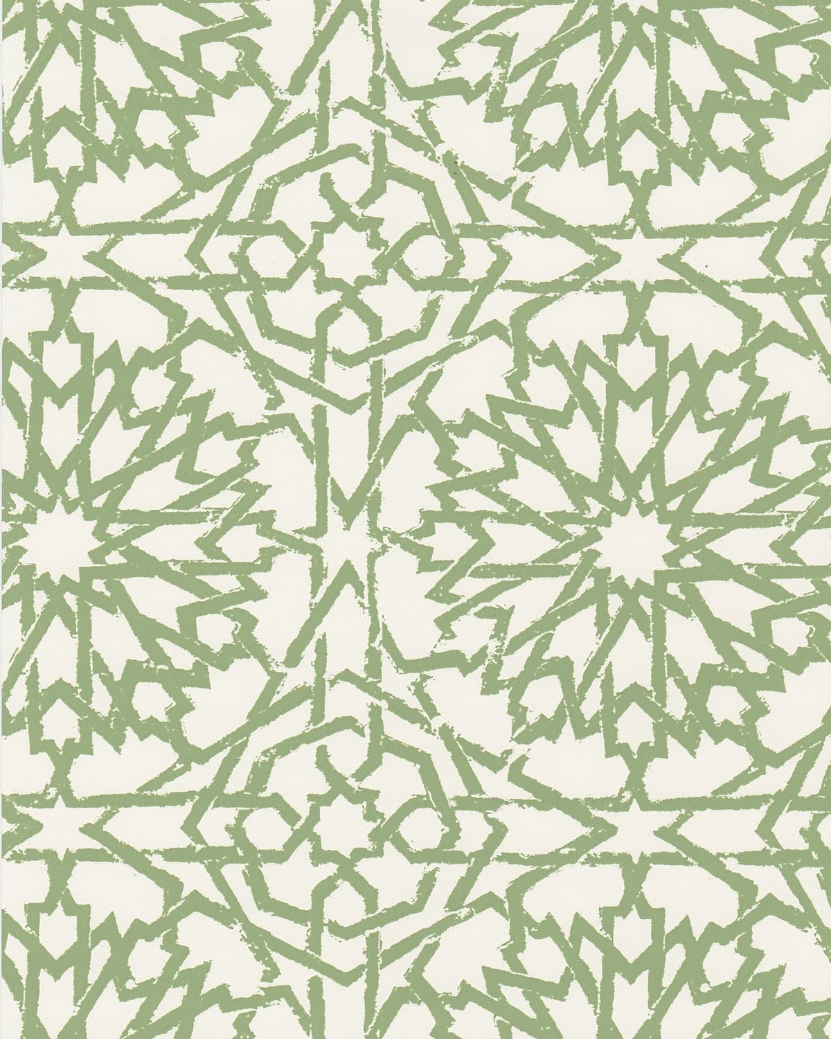 Detail of wallpaper in a small-scale lattice print in green on a cream field.