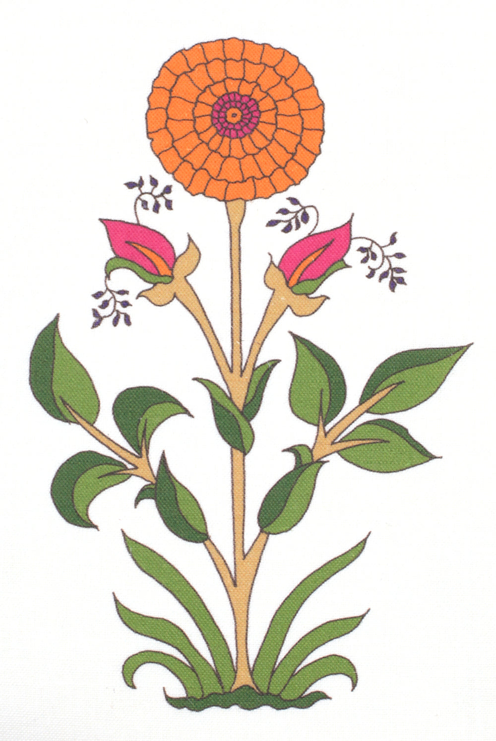 Detail of fabric in a large-scale marigold print in orange, pink and green on a white field.