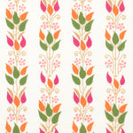 Detail of fabric in a striped botanical print in shades of pink, orange and green on a white field.