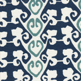 Detail of fabric in a minimalist botanical stripe in navy and blue on a white field.