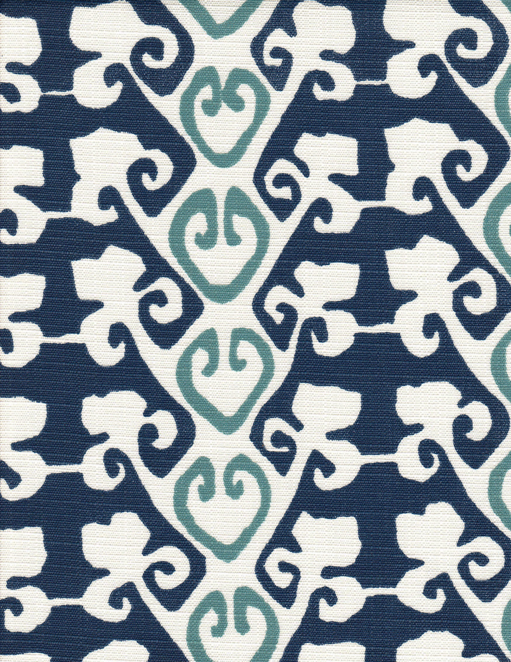 Detail of fabric in a minimalist botanical stripe in navy and blue on a white field.