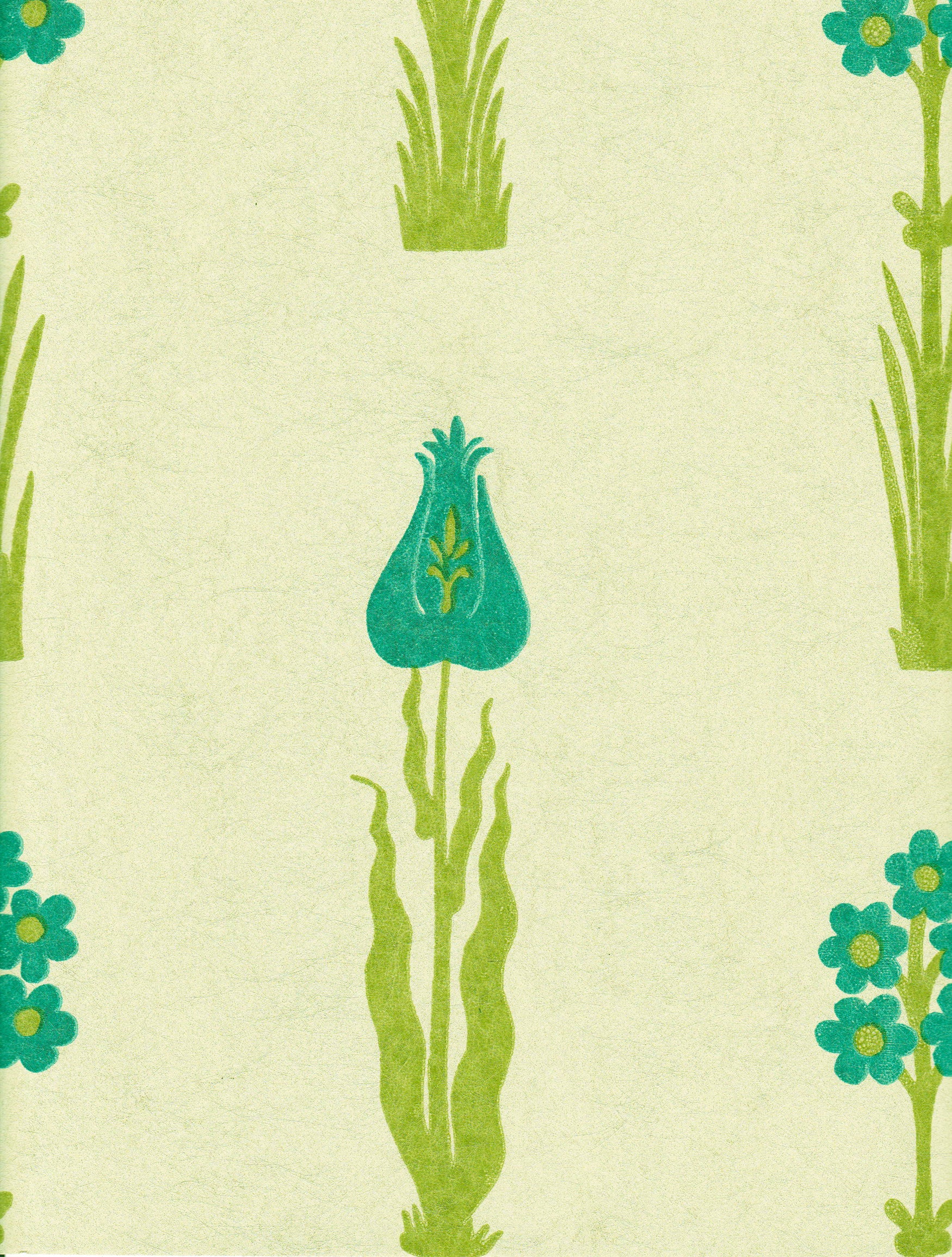 Detail of wallpaper in a playful floral print in green and turquoise on a cream field.