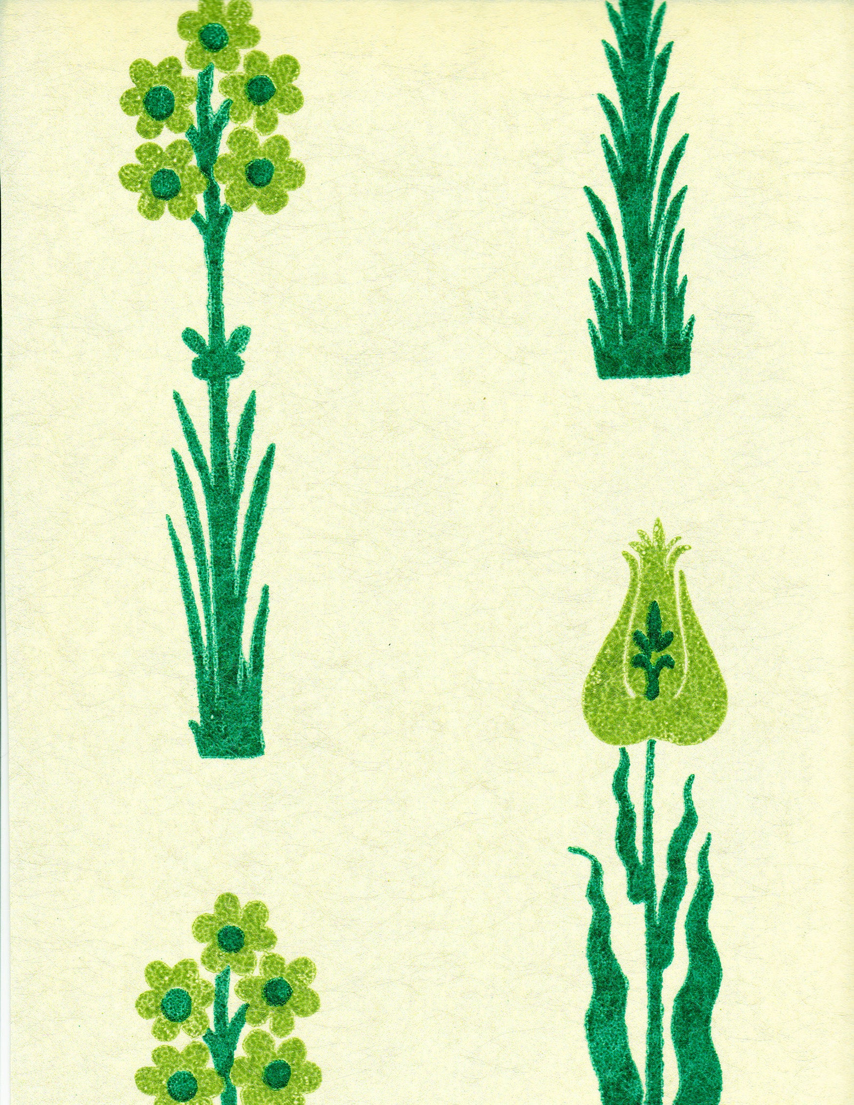 Detail of wallpaper in a playful floral print in shades of green on a cream field.