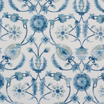 Detail of fabric in a floral paisley print in shades of navy and green on a cream field.