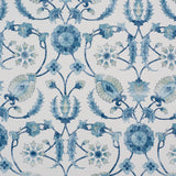 Detail of fabric in a floral paisley print in shades of navy and green on a cream field.