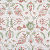 Detail of fabric in a floral paisley print in shades of rust and green on a cream field.