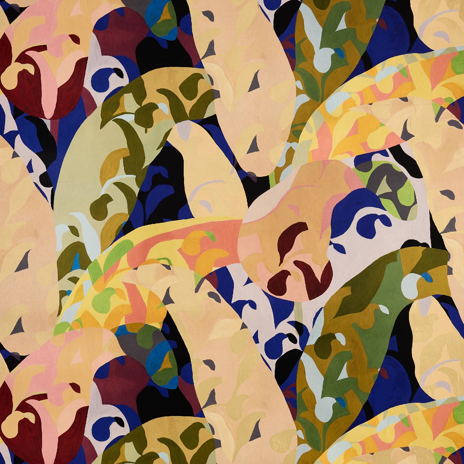 Close up of wallpaper with painterly collaged palm frond pattern in gold, olive green, blue, pint and purple on a white background