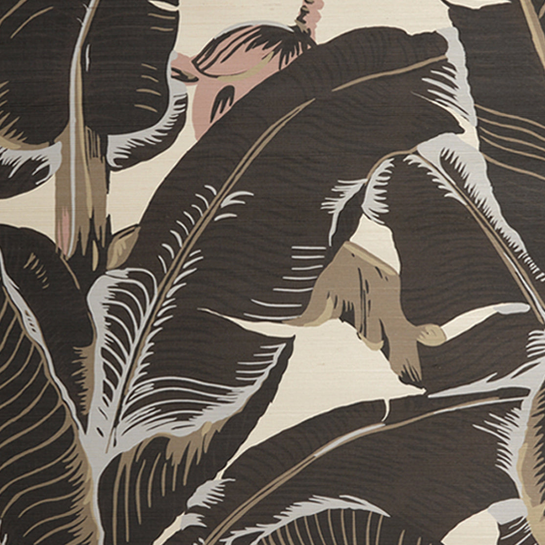 Banana leaf pattern grasscloth featuring large tropical leaves in dark brown, beige, and cream on a light background.